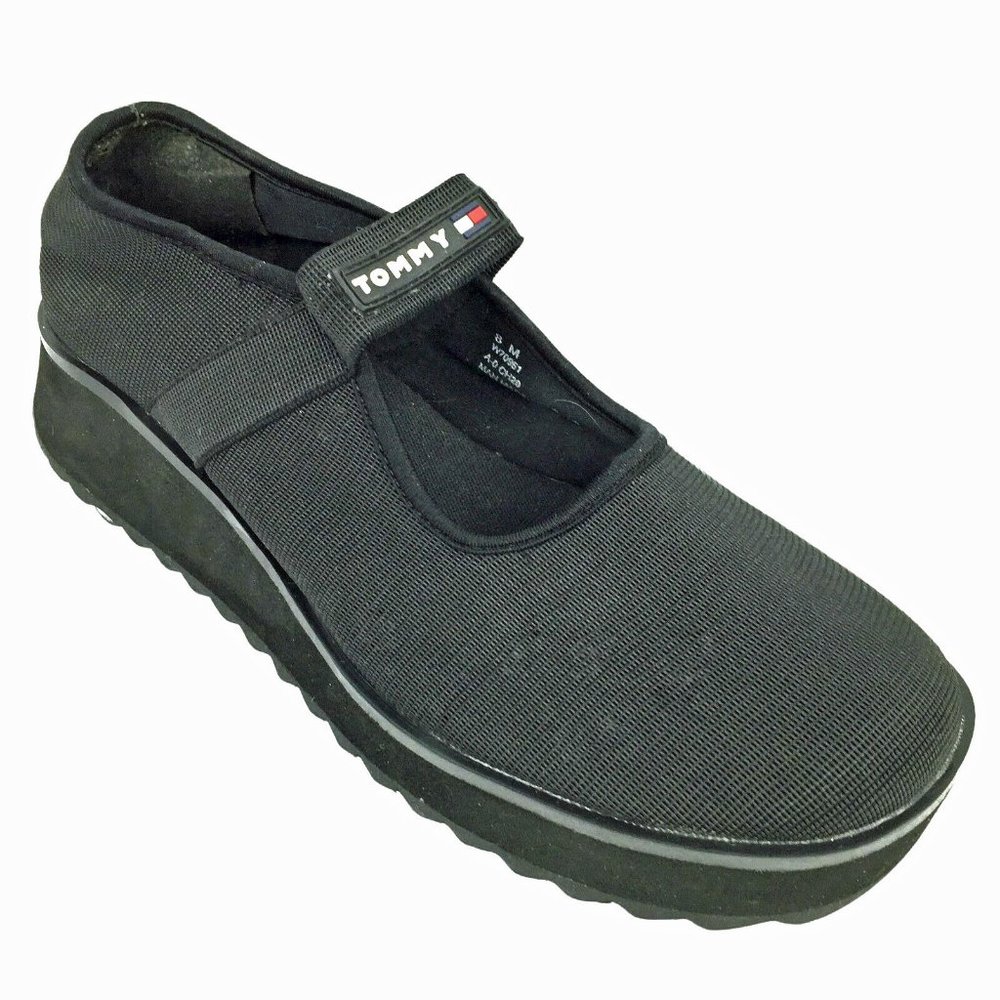 Retro TOMMY HILFIGER Black‎ Neoprene Platform Wedge Mary Janes